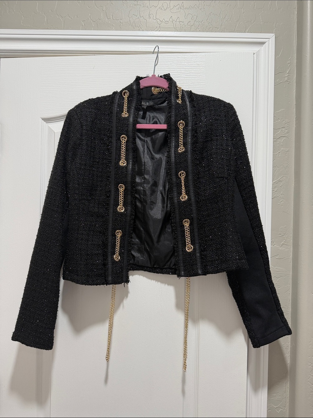 Cropped Black Tweed Jacket with Gold Chain Trim